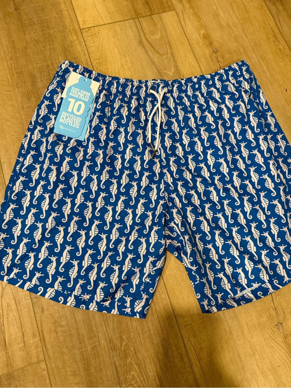 NWT Bermies Blue Seahorse-Print Swim Trunks